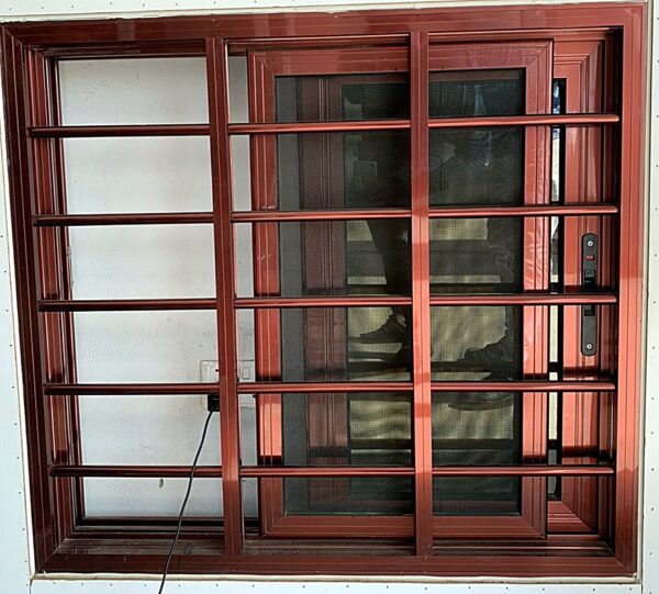 Aluminium Window With Fly Screen & Burglar Bars - Maroon